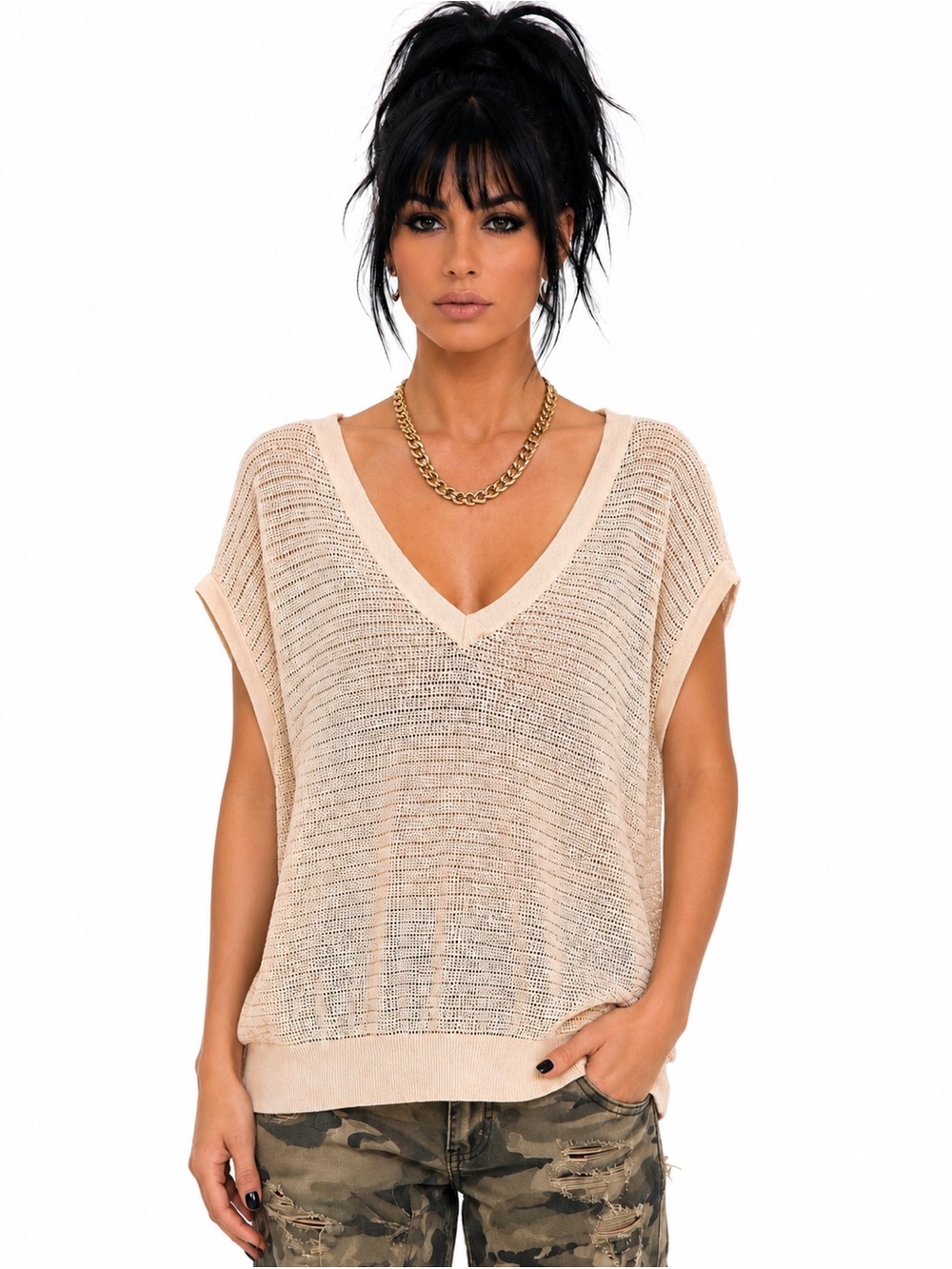 Zadig & Voltaire Tifle Fishnet Metallic Knit V-Neck Sweater Top S NWT